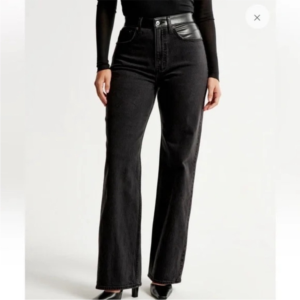Abercrombie & Fitch Black High Rise Jeans with leather detailing 6 Long